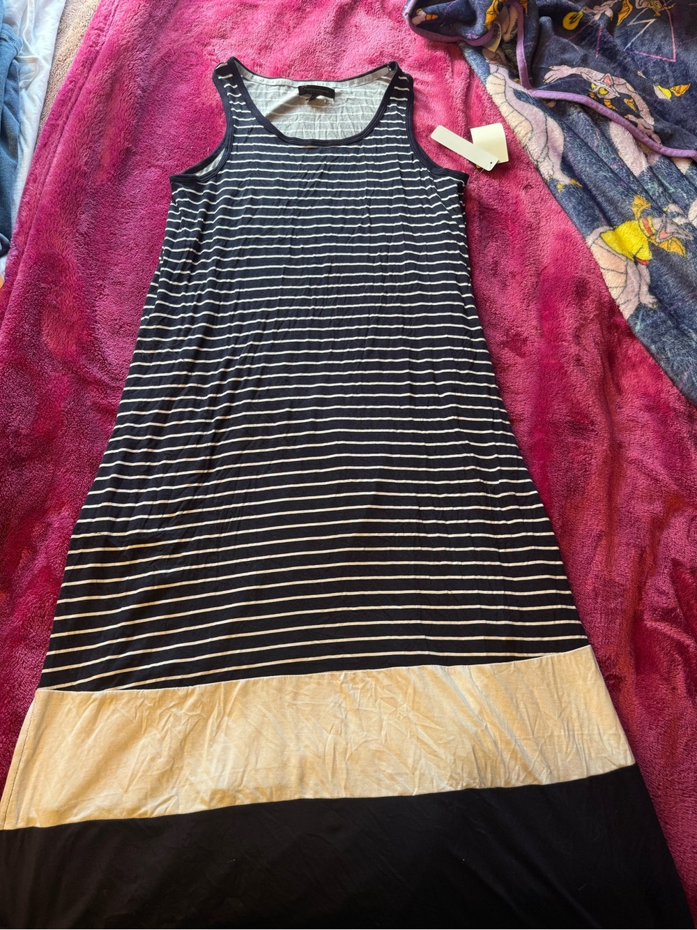 Donna Karan Navy and White Striped Sleeveless Maxi Dress with Cream Band